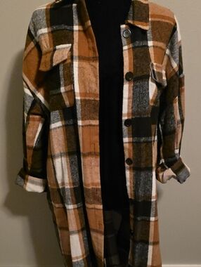 Plaid Longline Shacket in Brown & Black